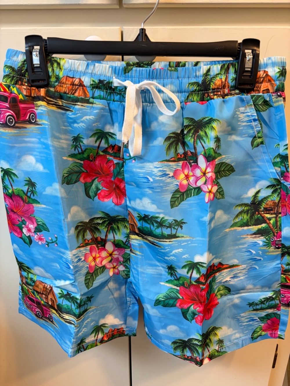 Tropical Blue Hawaiian Swim Shorts with Floral Print